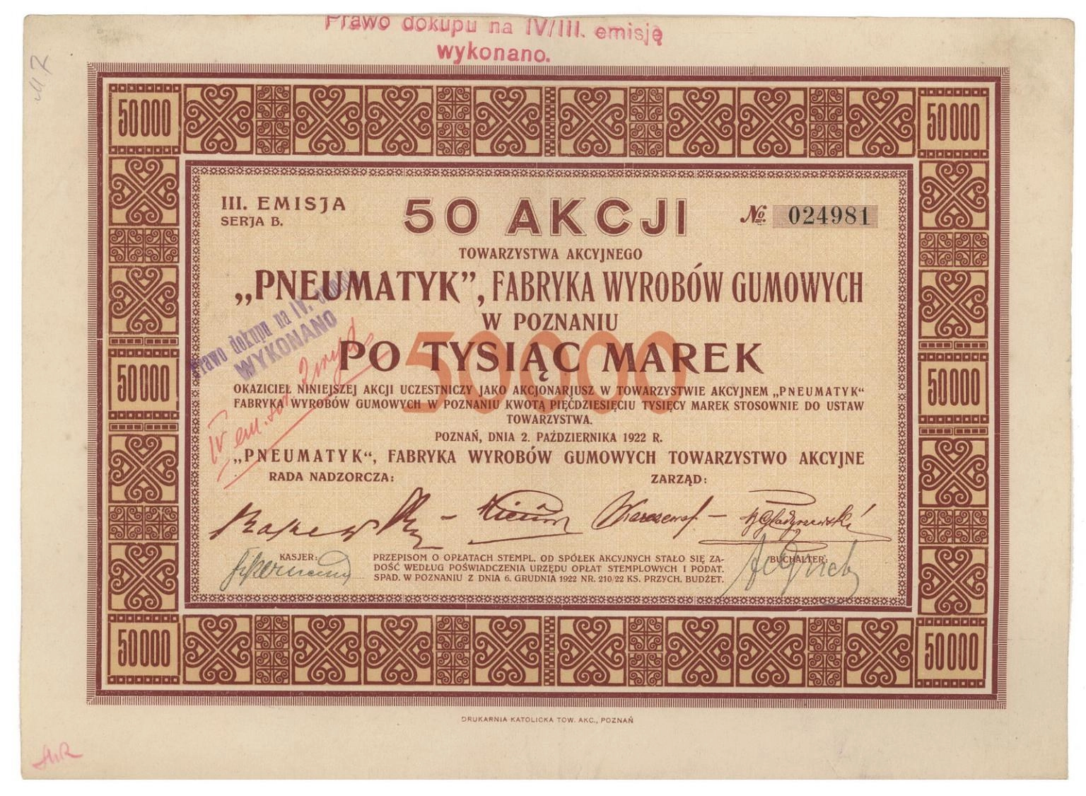 Zdjęcie akcji "Pneumatyk" Fabryka Wyrobów Gumowych Towarzystwo Akcyjne w Poznaniu