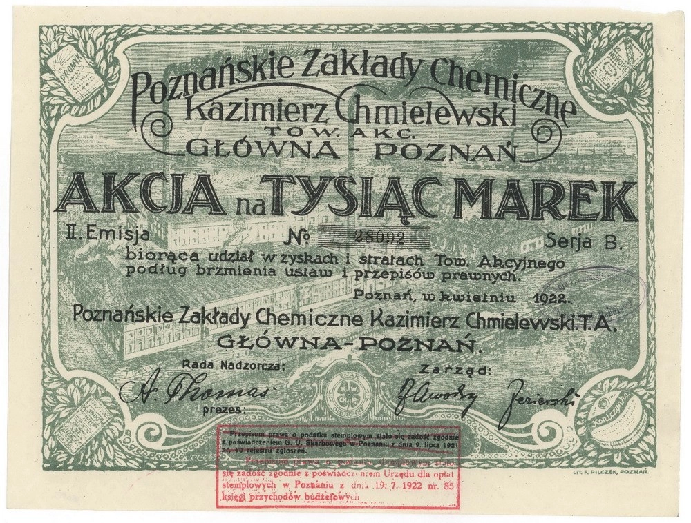Zdjęcie akcji Poznańskie Zakłady Chemiczne "Kazimierz Chmielewski" Towarzystwo Akcyjne Główna-Poznań