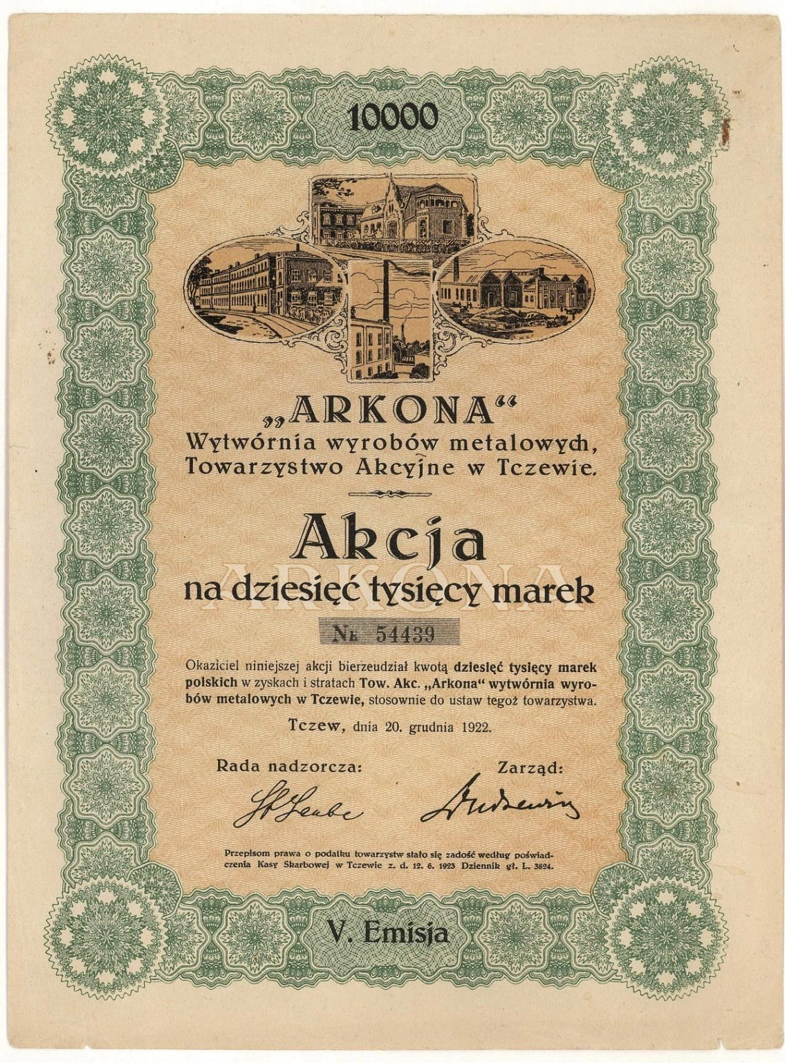 Zdjęcie akcji "Arkona" Wytwórnia Wyrobów Metalowych Towarzystwo Akcyjne w Tczewie