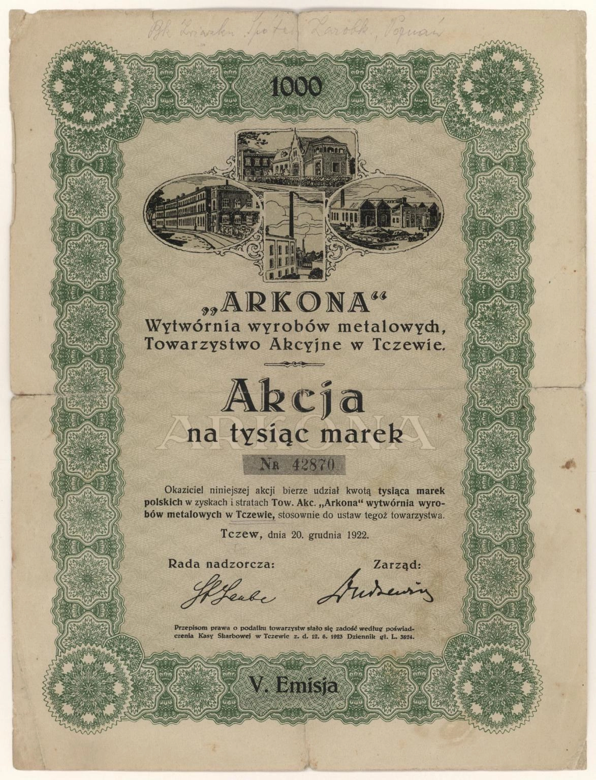 Zdjęcie akcji "Arkona" Wytwórnia Wyrobów Metalowych Towarzystwo Akcyjne w Tczewie