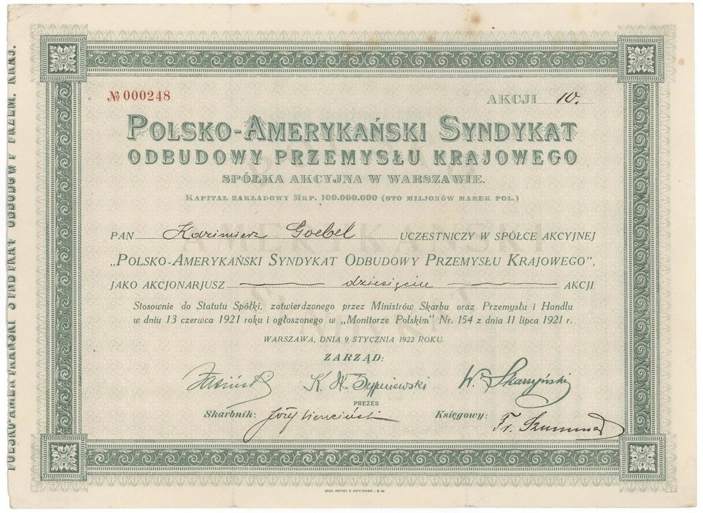 Zdjęcie akcji Polsko-Amerykański Syndykat Odbudowy Przemysłu Krajowego Spółka Akcyjna