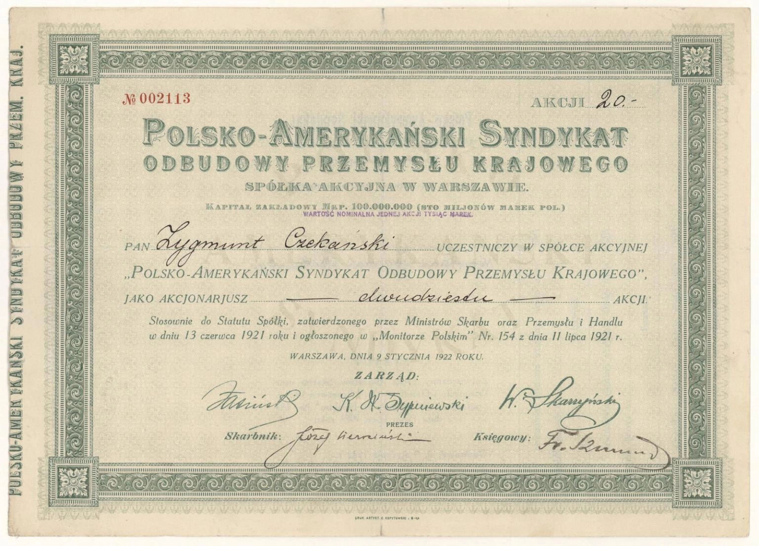 Zdjęcie akcji Polsko-Amerykański Syndykat Odbudowy Przemysłu Krajowego Spółka Akcyjna