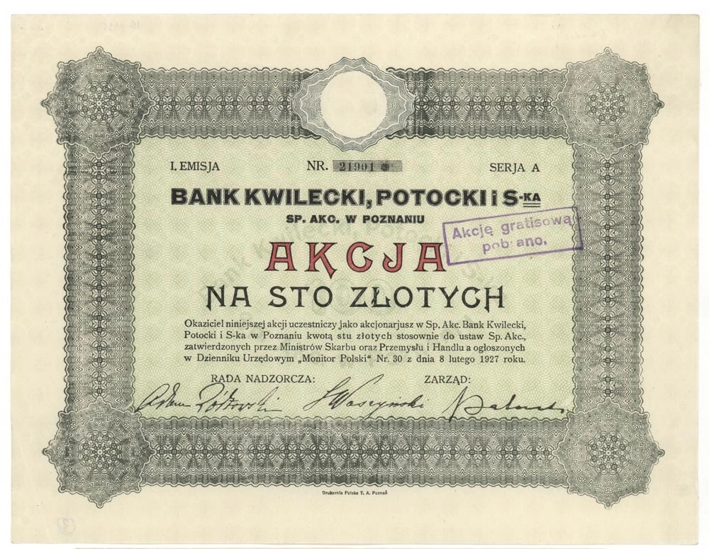 Zdjęcie akcji "Bank Kwilecki, Potocki i S-ka" Spółka Akcyjna