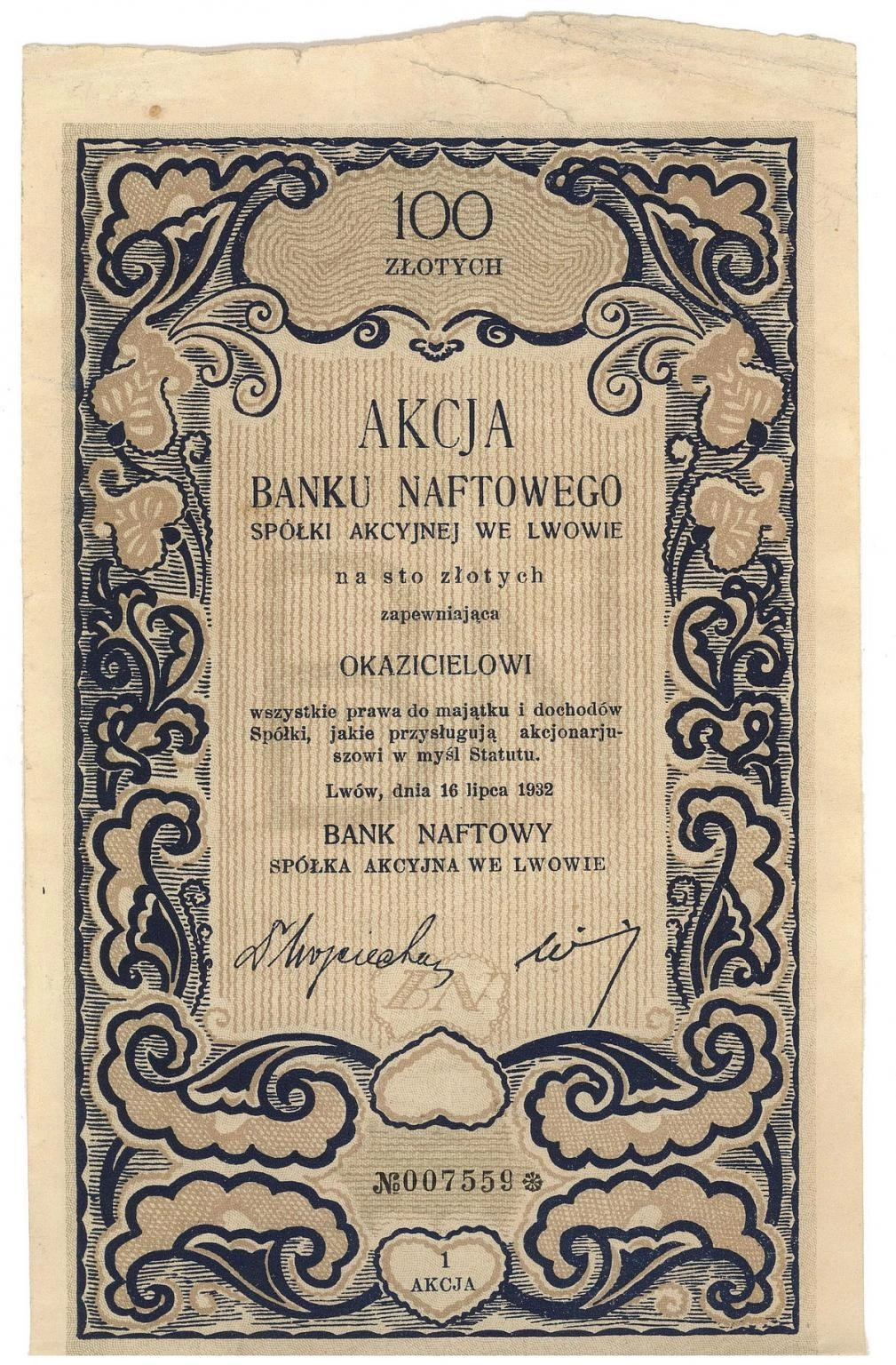 Zdjęcie akcji Bank Naftowy Spółka Akcyjna we Lwowie