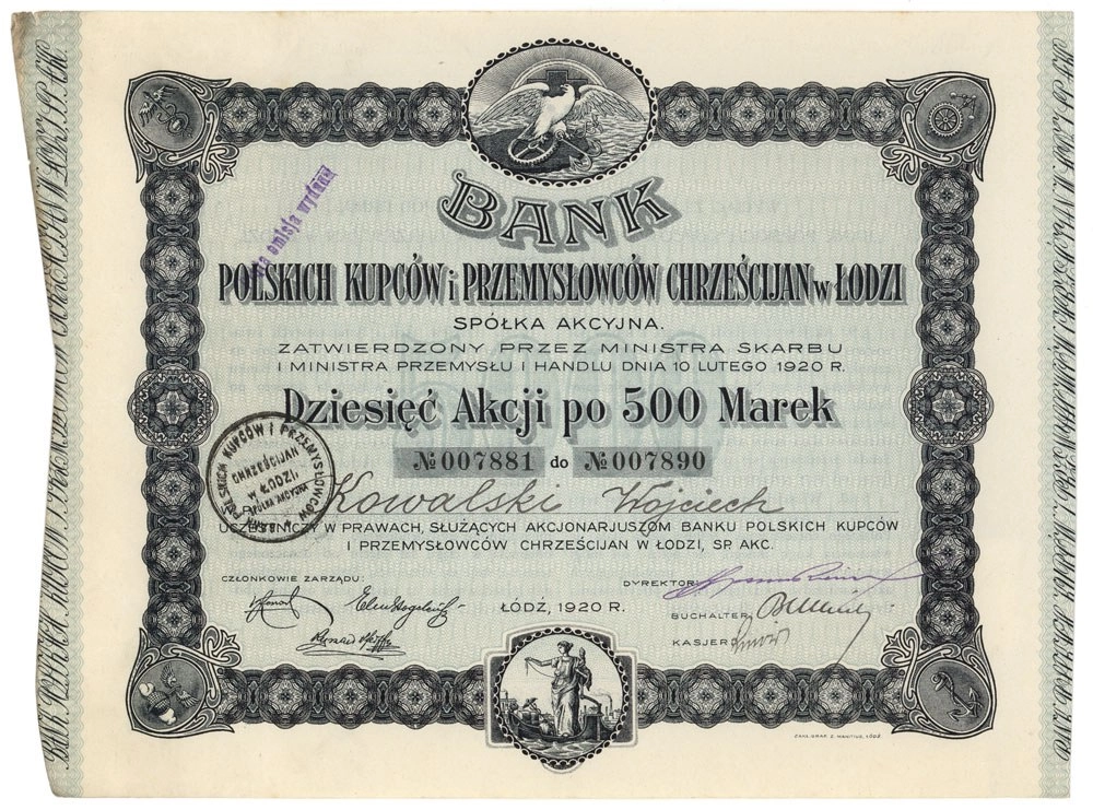 Zdjęcie akcji Bank Polskich Kupców i Przemysłowców Chrześcijan w Łodzi Spółka Akcyjna