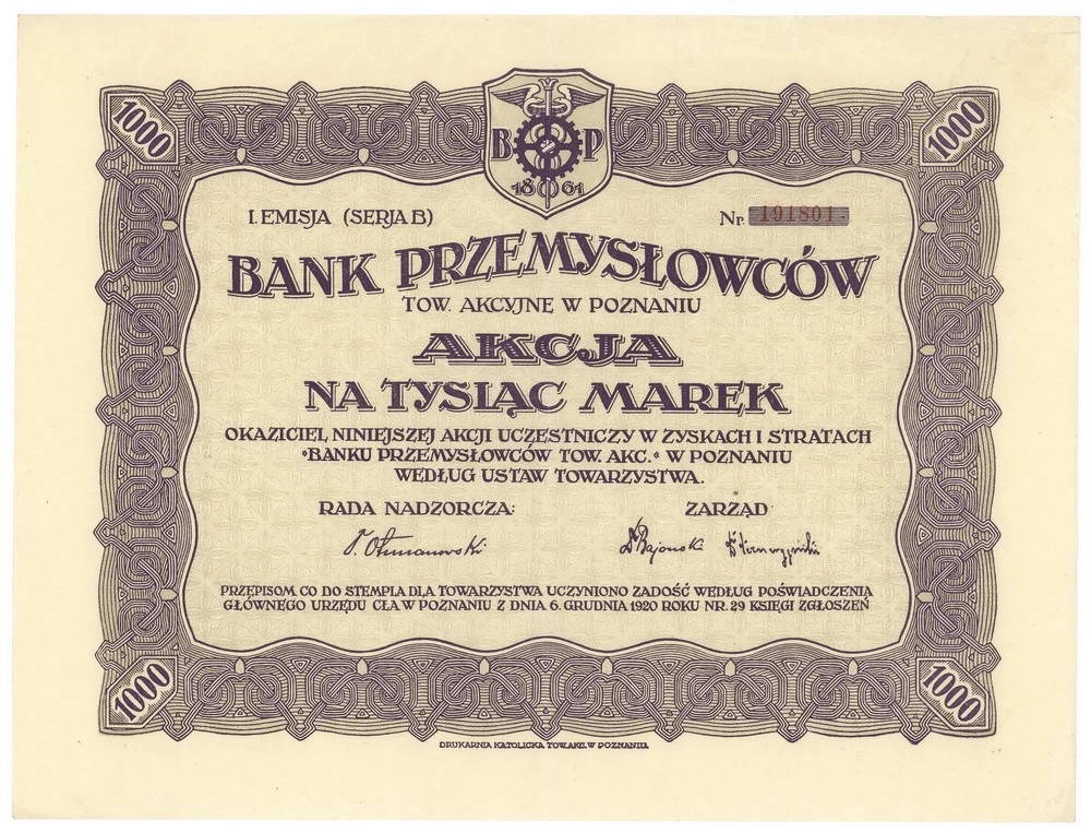 Zdjęcie akcji Bank Przemysłowców Spółka Akcyjna w Poznaniu