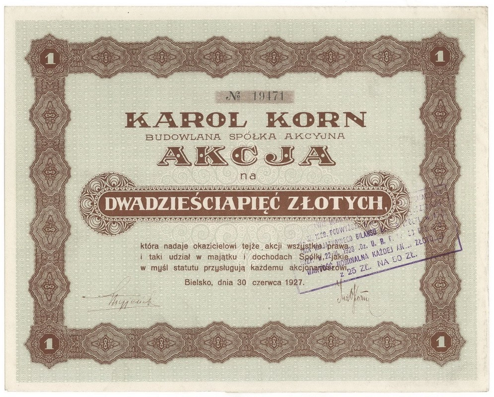 Zdjęcie akcji "Karol Korn" Budowlana Spółka Akcyjna