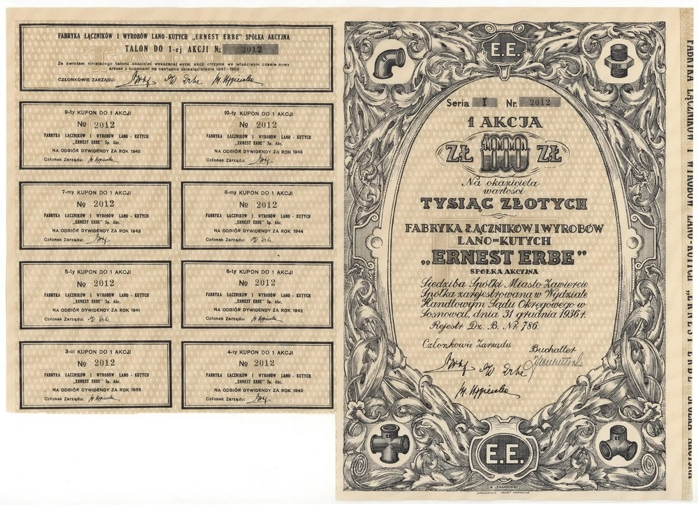 Zdjęcie akcji Fabryka Łączników i Wyrobów Lano-Kutych "Ernest Erbe" Spółka Akcyjna