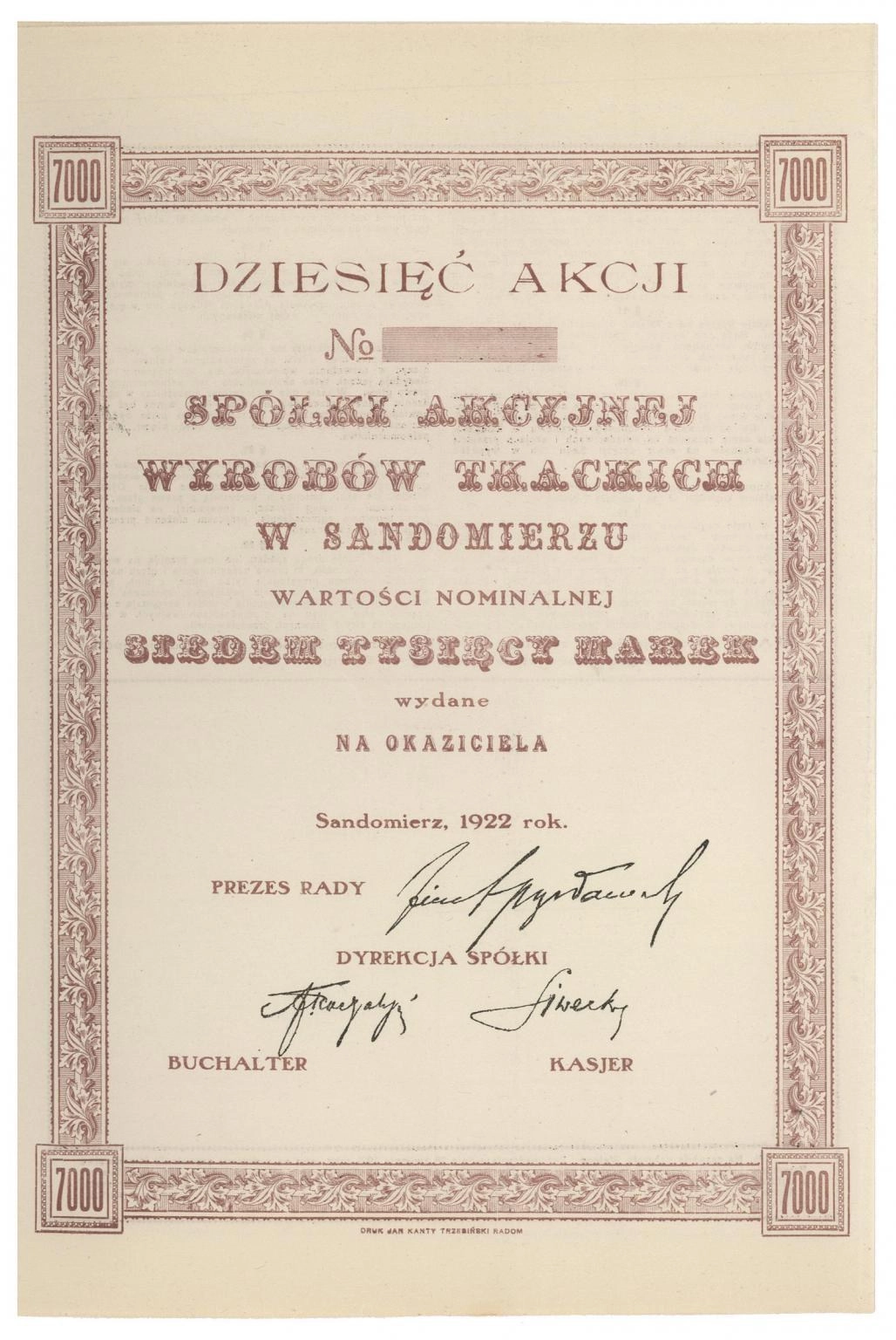 Zdjęcie akcji Spółka Akcyjna Wyrobów Tkackich w Sandomierzu