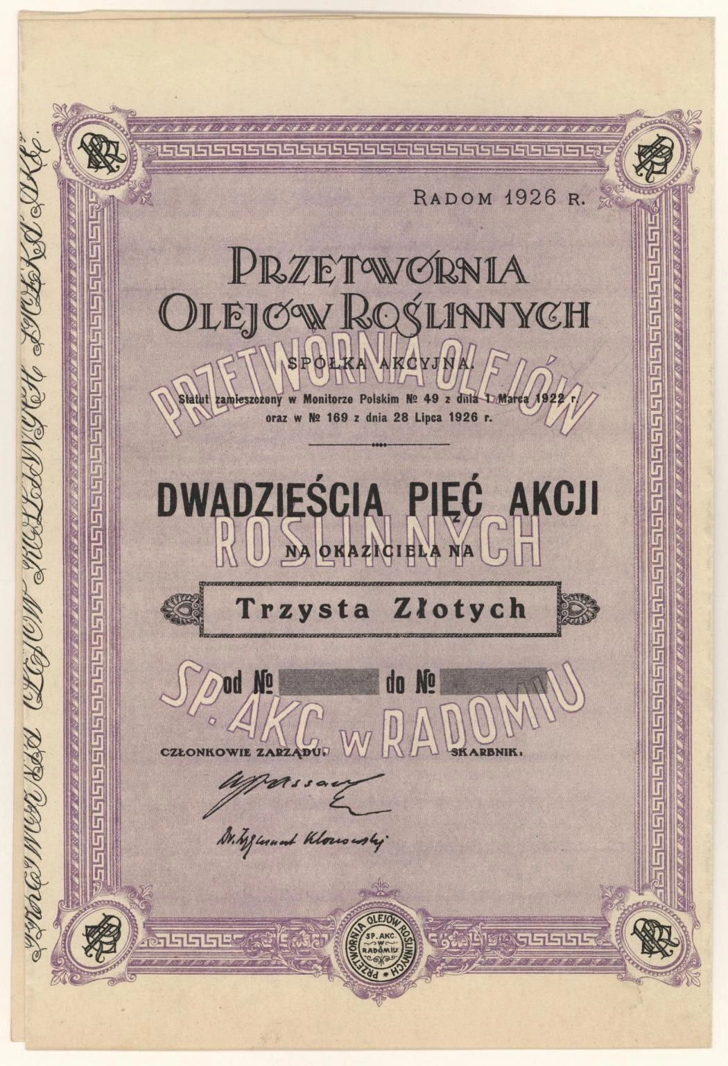 Zdjęcie akcji Przetwórnia Olejów Roślinnych Spółka Akcyjna