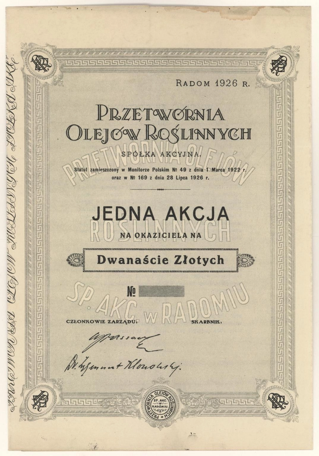 Zdjęcie akcji Przetwórnia Olejów Roślinnych Spółka Akcyjna