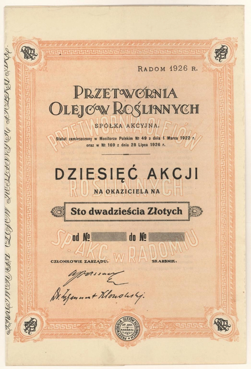 Zdjęcie akcji Przetwórnia Olejów Roślinnych Spółka Akcyjna