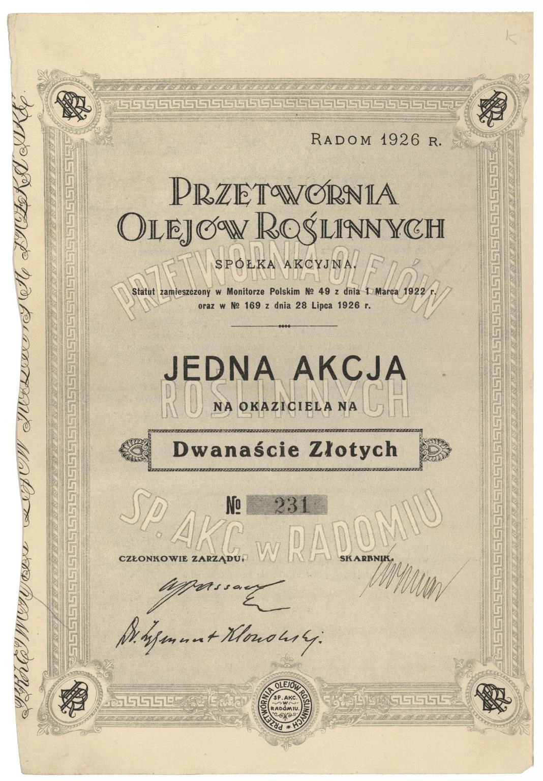 Zdjęcie akcji Przetwórnia Olejów Roślinnych Spółka Akcyjna