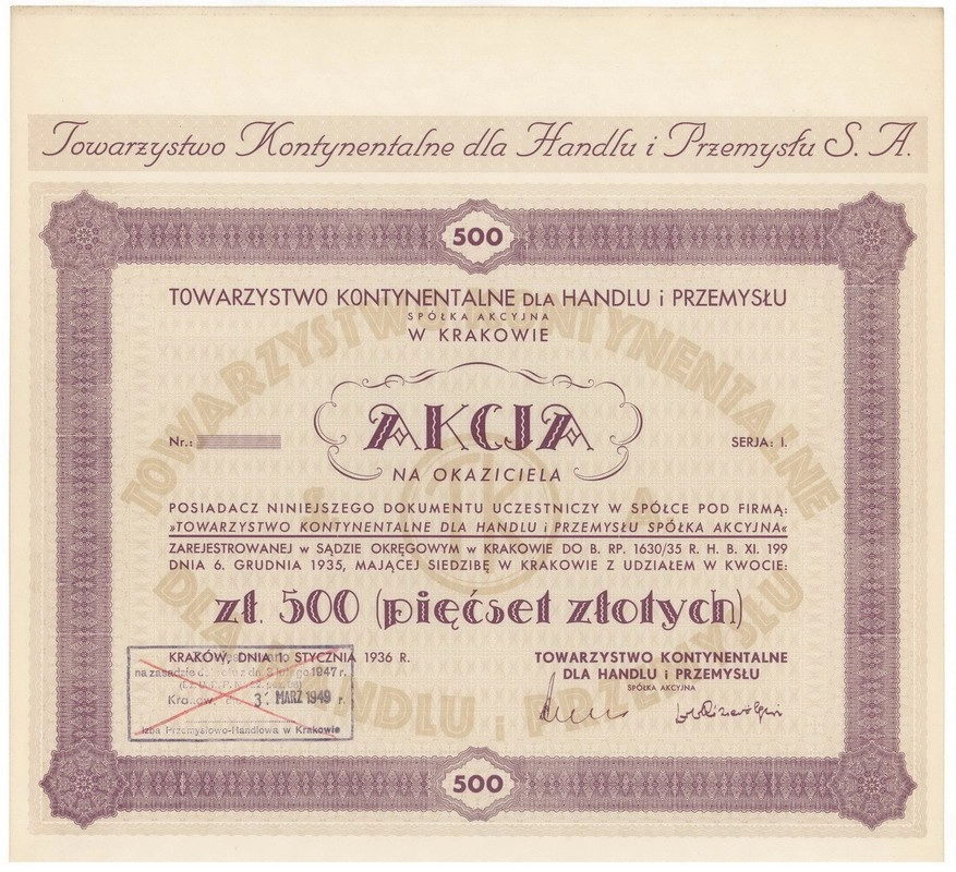 Zdjęcie akcji Towarzystwo Kontynentalne dla Handlu i Przemysłu Spółka Akcyjna w Krakowie