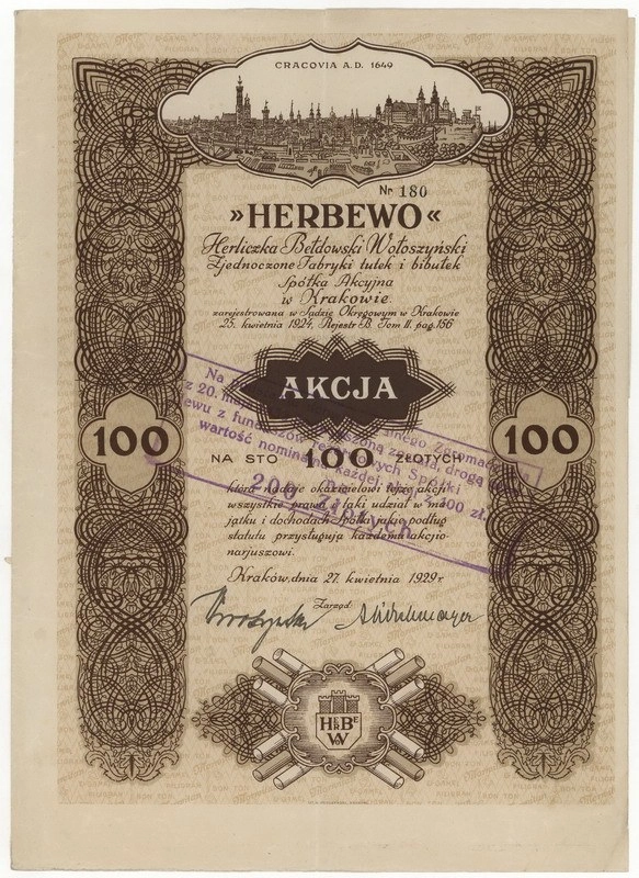 Zdjęcie akcji "Herbewo" Herliczka, Bełdowski, Wołoszyński, Zjednoczone Fabryki Tutek i Bibułek Spółka Akcyjna w Krakowie