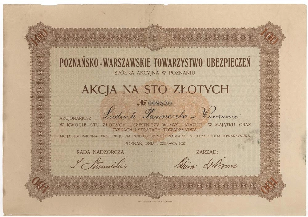 Zdjęcie akcji Poznańsko-Warszawskie Towarzystwo Ubezpieczeń Spółka Akcyjna w Poznaniu