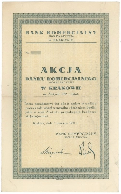 Zdjęcie akcji Bank Komercjalny Spółka Akcyjna w Krakowie