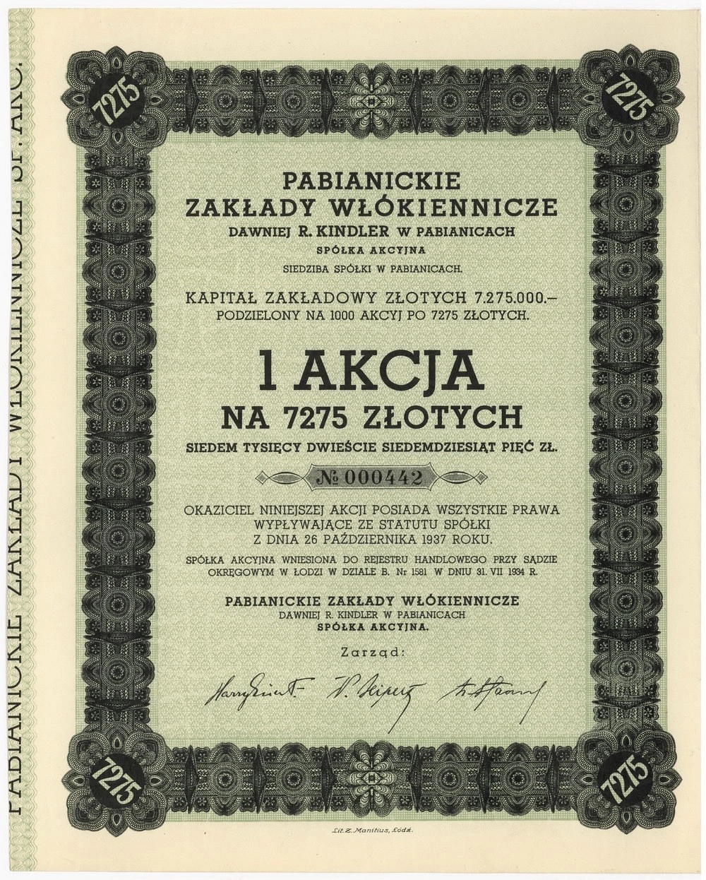Zdjęcie akcji Pabianickie Zakłady Włókiennicze dawniej R. Kindler w Pabianicach Spółka Akcyjna
