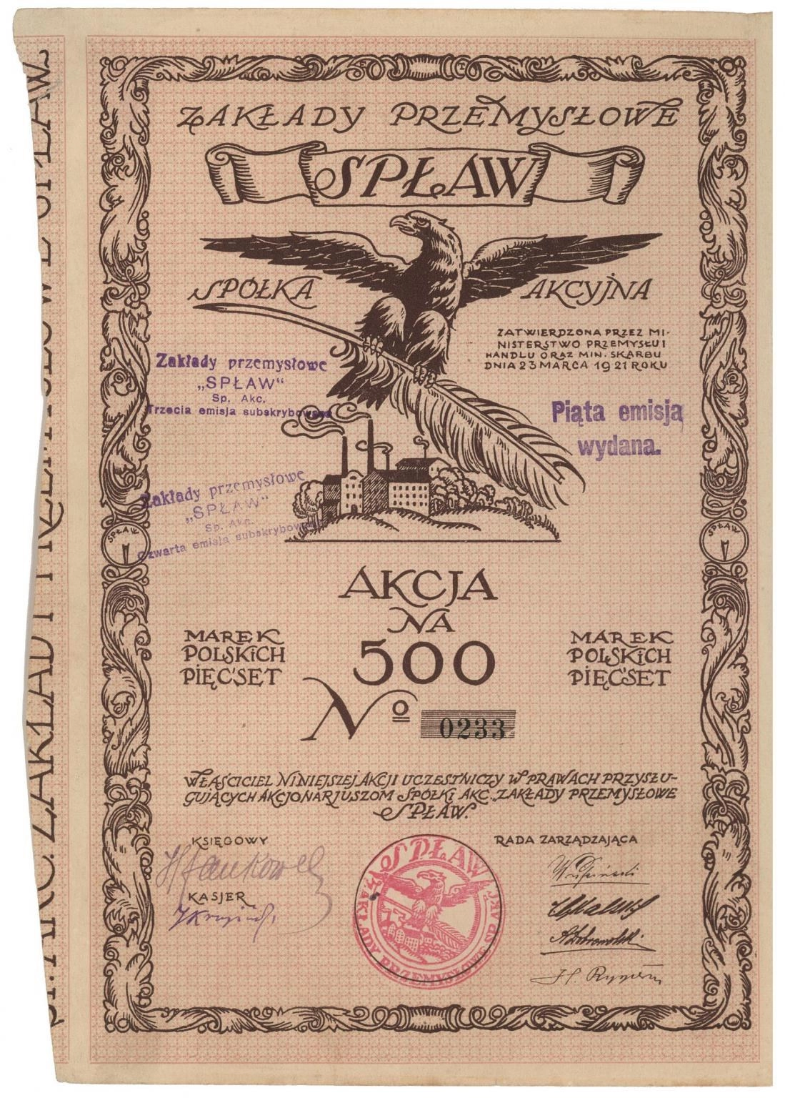 Zdjęcie akcji Zakłady Przemysłowe "Spław" Spółka Akcyjna