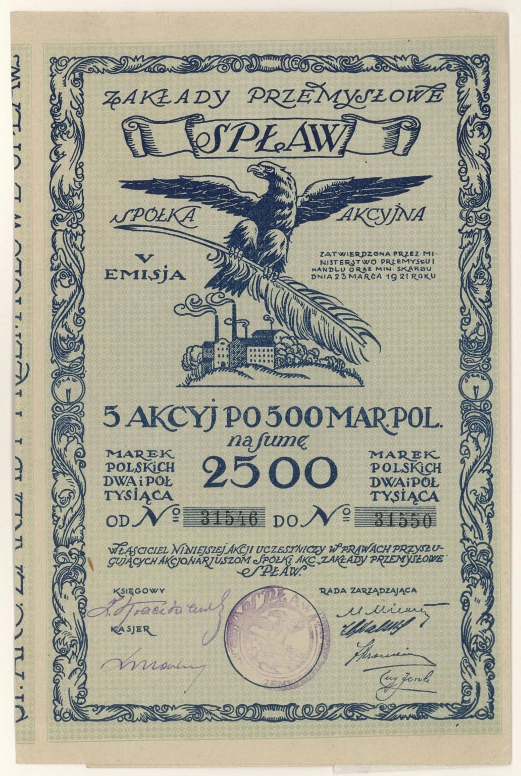 Zdjęcie akcji Zakłady Przemysłowe "Spław" Spółka Akcyjna