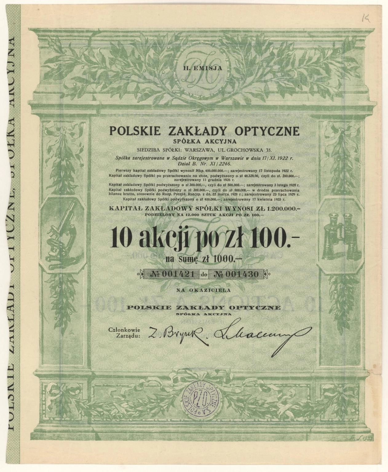 Zdjęcie akcji Polskie Zakłady Optyczne Spółka Akcyjna