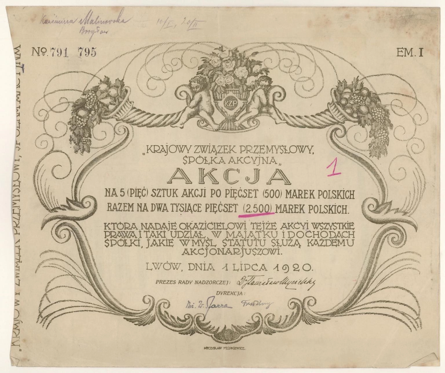 Zdjęcie akcji Krajowy Związek Przemysłowy Spółka Akcyjna