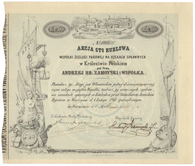Zdjęcie akcji Współka Żeglugi Parowej na Rzekach Spławnych w Królestwie Polskim "Andrzej Hr. Zamoyski i Współka"
