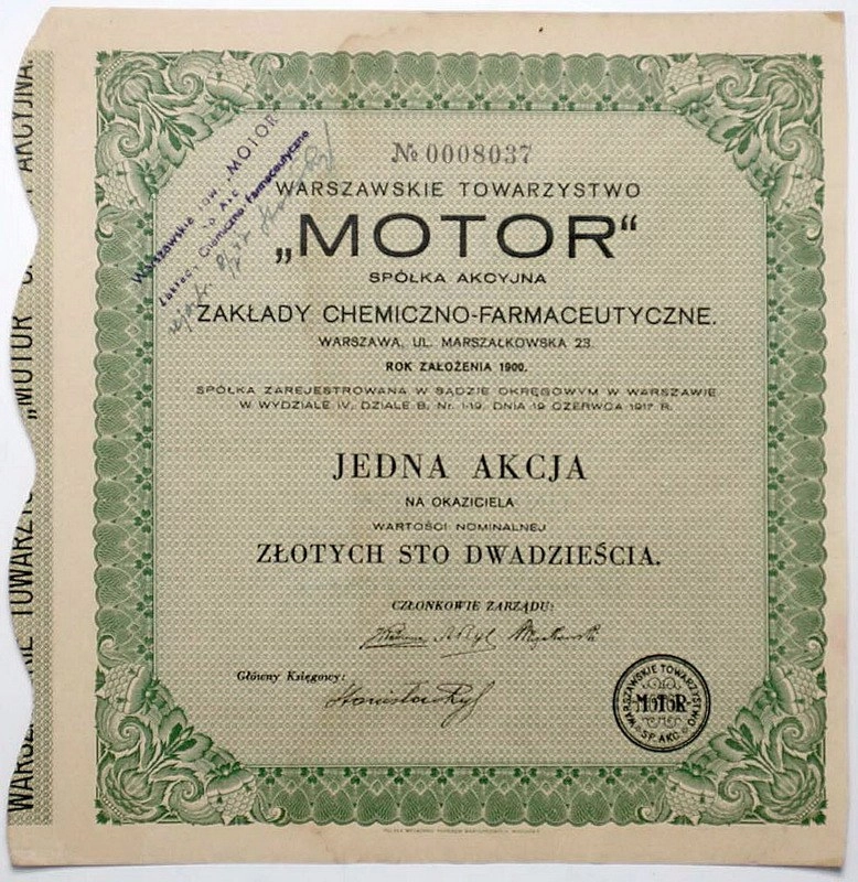 Zdjęcie akcji Warszawskie Towarzystwo "Motor" Spółka Akcyjna Zakłady Chemiczno-Farmaceutyczne