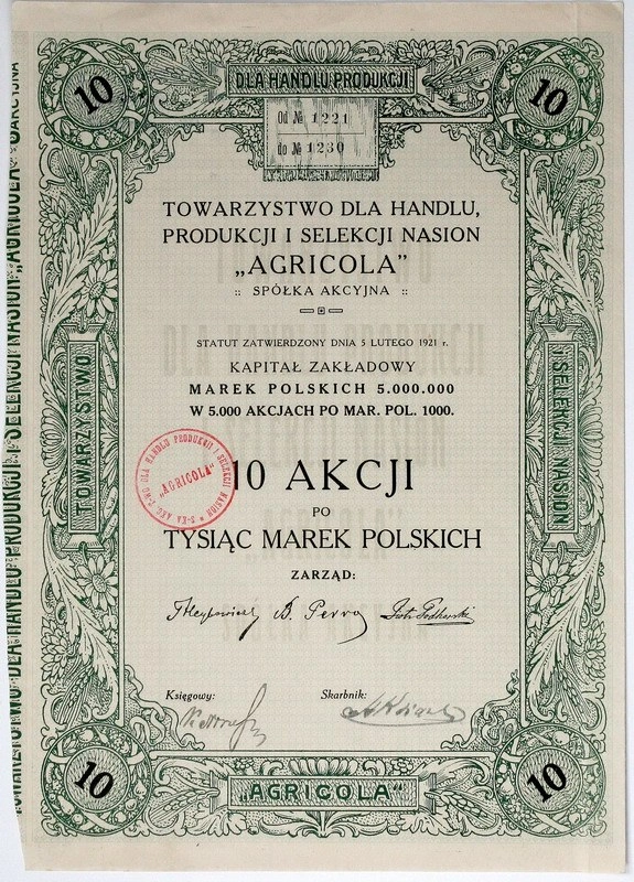 Zdjęcie akcji Towarzystwo dla Handlu, Produkcji i Selekcji Nasion "Agricola" Spółka Akcyjna