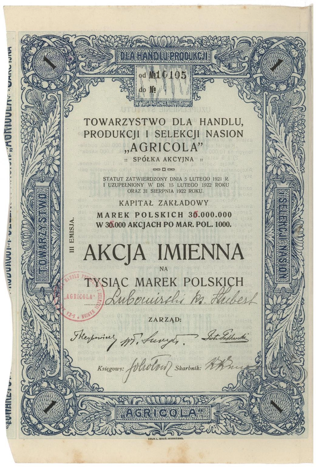 Zdjęcie akcji Towarzystwo dla Handlu, Produkcji i Selekcji Nasion "Agricola" Spółka Akcyjna