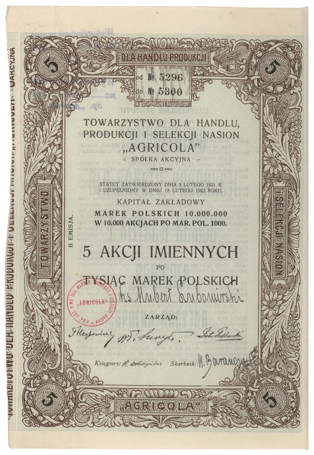 Zdjęcie akcji Towarzystwo dla Handlu, Produkcji i Selekcji Nasion "Agricola" Spółka Akcyjna