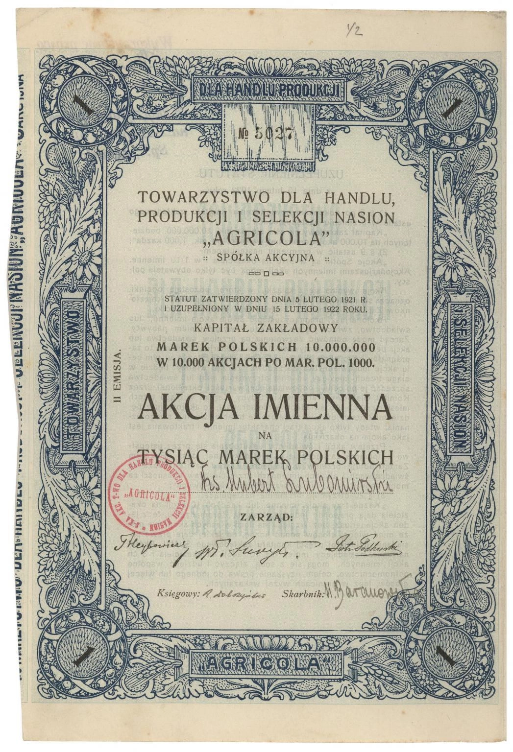 Zdjęcie akcji Towarzystwo dla Handlu, Produkcji i Selekcji Nasion "Agricola" Spółka Akcyjna