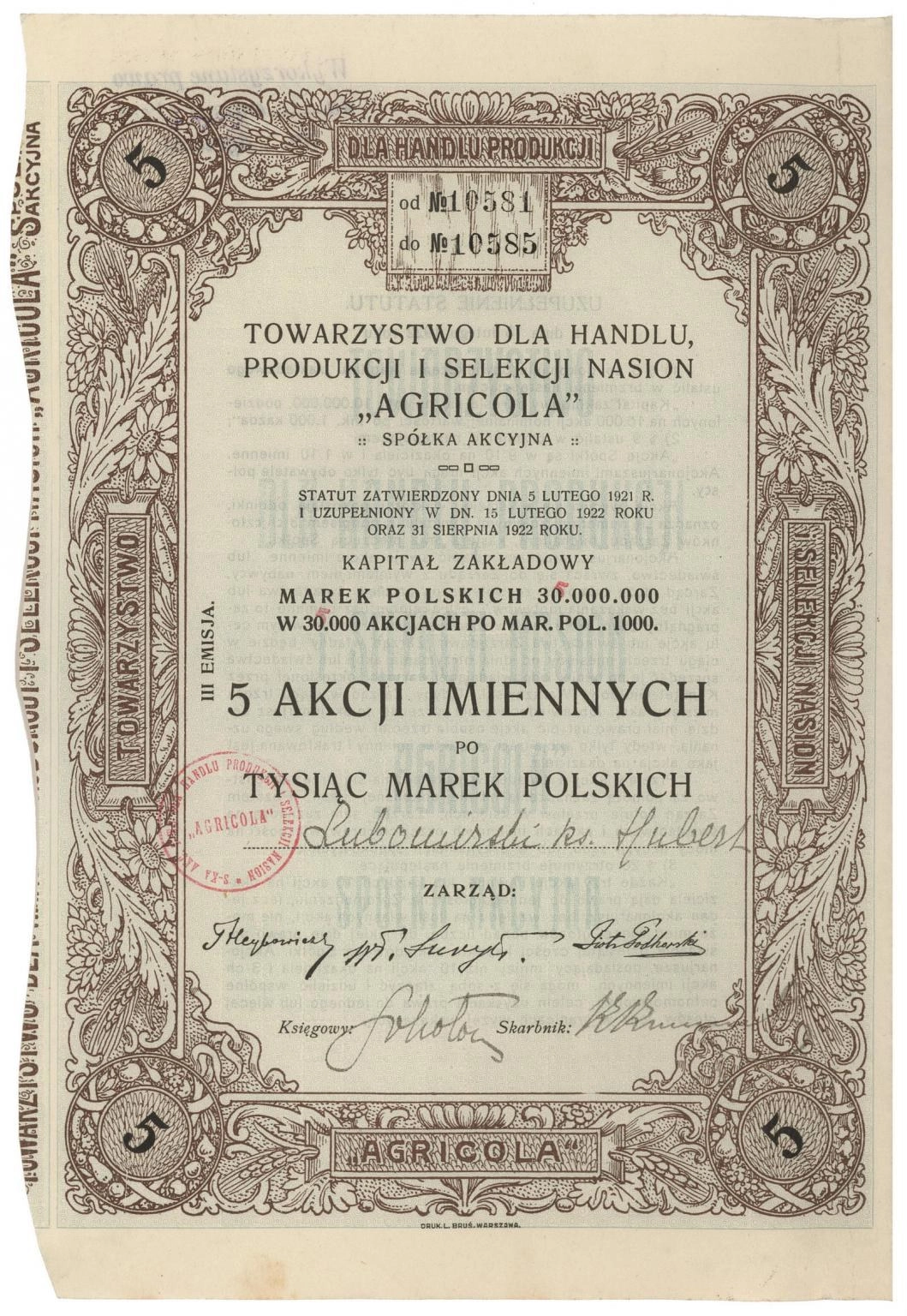 Zdjęcie akcji Towarzystwo dla Handlu, Produkcji i Selekcji Nasion "Agricola" Spółka Akcyjna