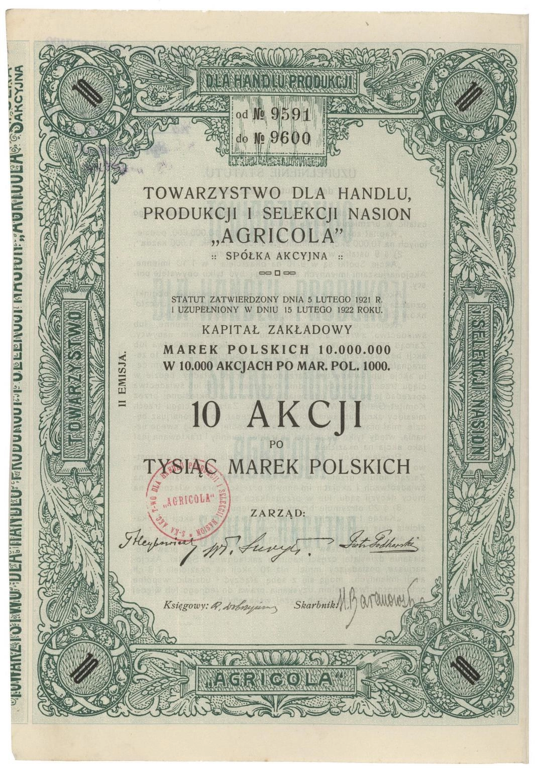 Zdjęcie akcji Towarzystwo dla Handlu, Produkcji i Selekcji Nasion "Agricola" Spółka Akcyjna