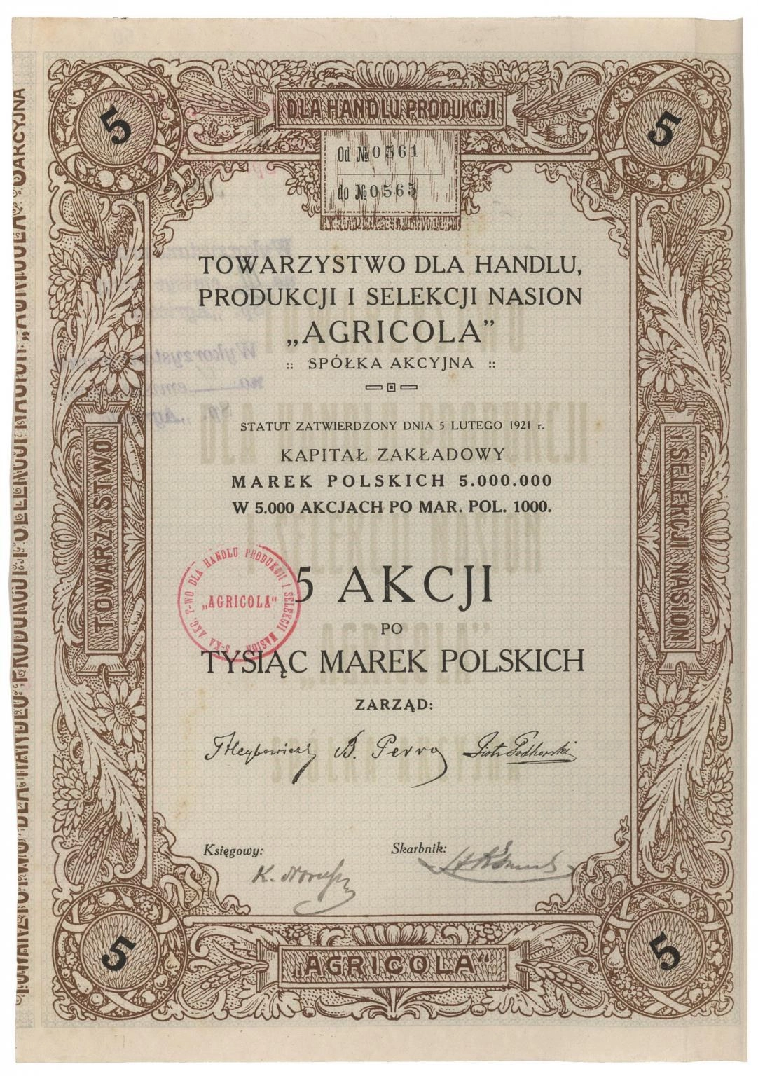 Zdjęcie akcji Towarzystwo dla Handlu, Produkcji i Selekcji Nasion "Agricola" Spółka Akcyjna