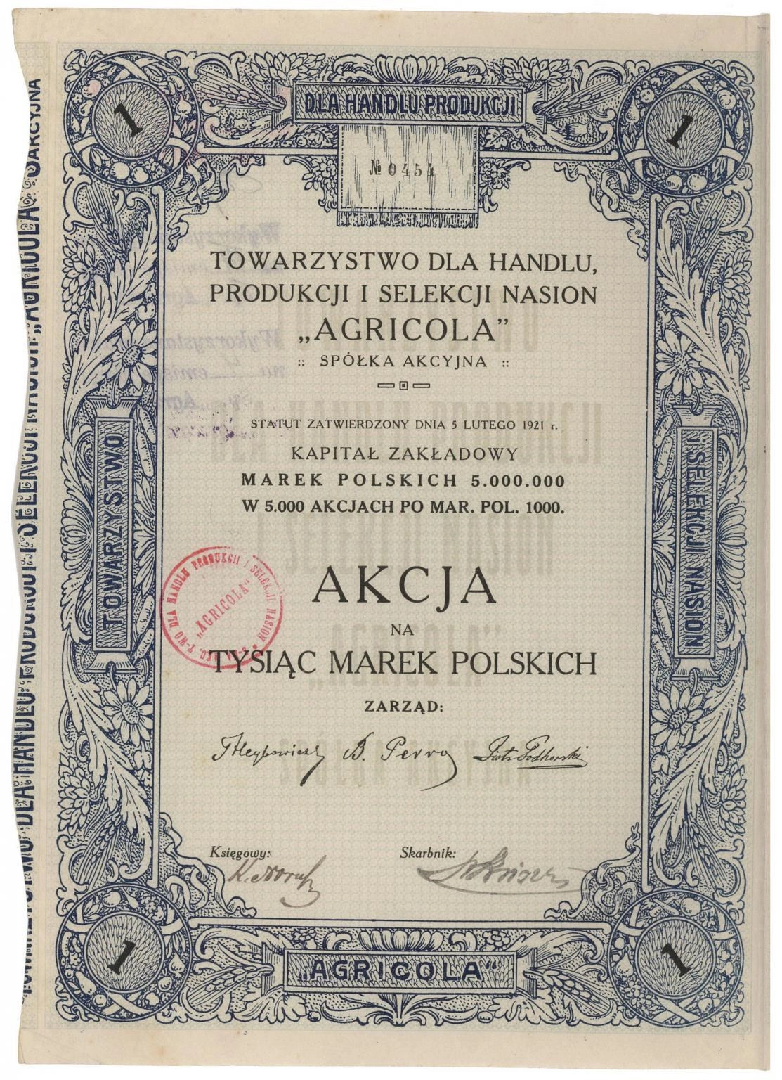 Zdjęcie akcji Towarzystwo dla Handlu, Produkcji i Selekcji Nasion "Agricola" Spółka Akcyjna