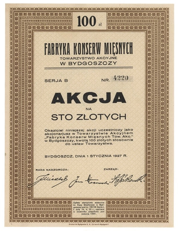 Zdjęcie akcji Fabryka Konserw Mięsnych Towarzystwo Akcyjne w Bydgoszczy