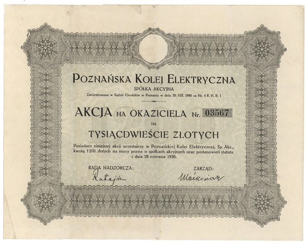 Zdjęcie akcji Poznańska Kolej Elektryczna Spółka Akcyjna