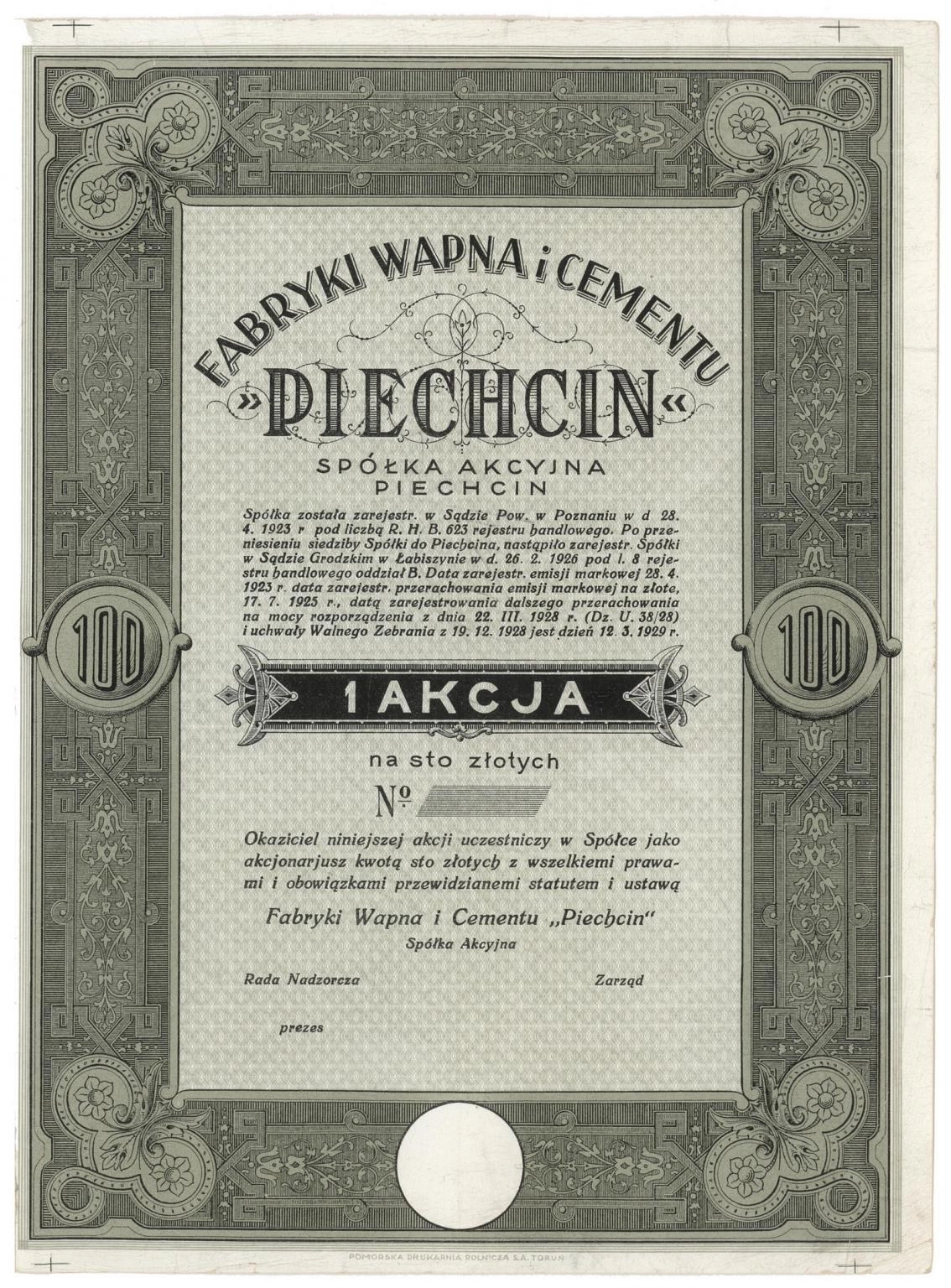 Zdjęcie akcji Fabryka Wapna i Cementu "Piechcin" Spółka Akcyjna