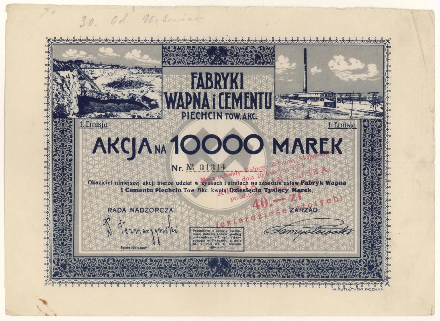 Zdjęcie akcji Fabryka Wapna i Cementu "Piechcin" Spółka Akcyjna