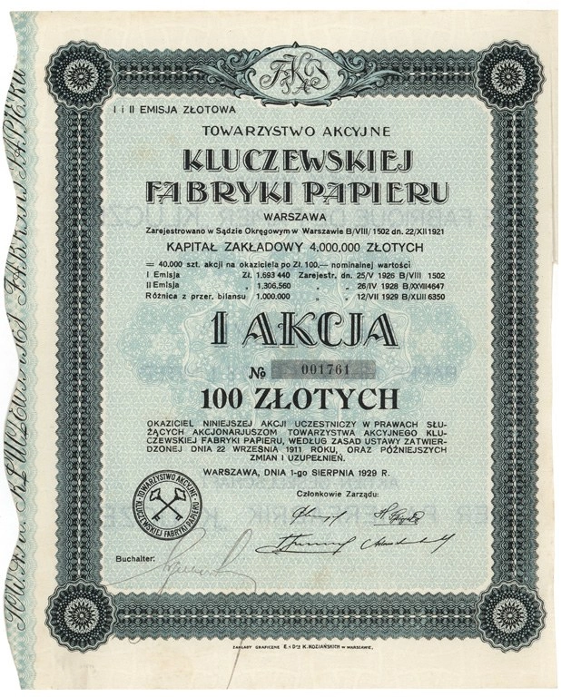 Zdjęcie akcji Towarzystwo Akcyjne Kluczewskiej Fabryki Papieru