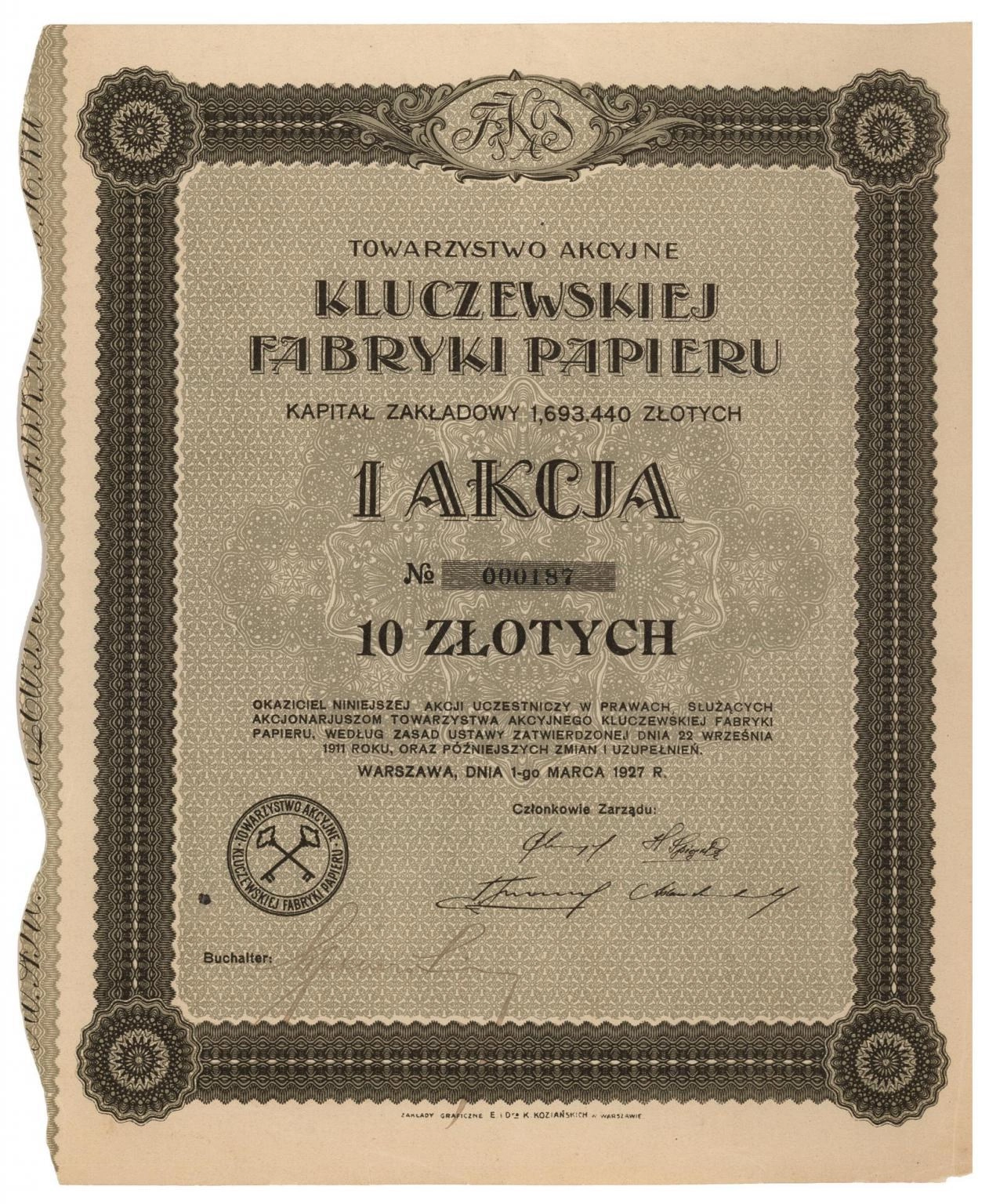 Zdjęcie akcji Towarzystwo Akcyjne Kluczewskiej Fabryki Papieru