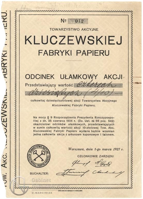 Zdjęcie akcji Towarzystwo Akcyjne Kluczewskiej Fabryki Papieru