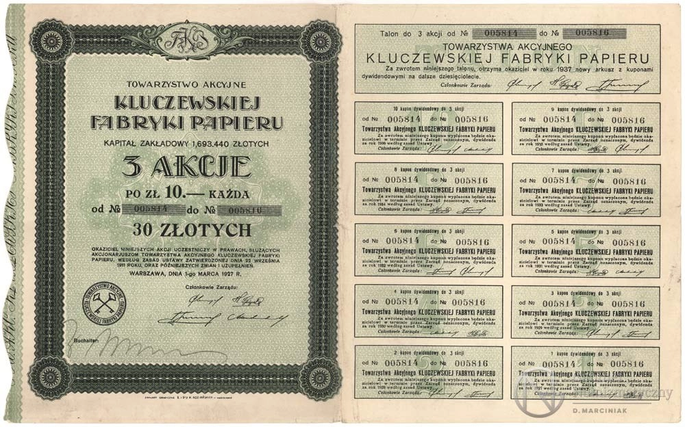 Zdjęcie akcji Towarzystwo Akcyjne Kluczewskiej Fabryki Papieru