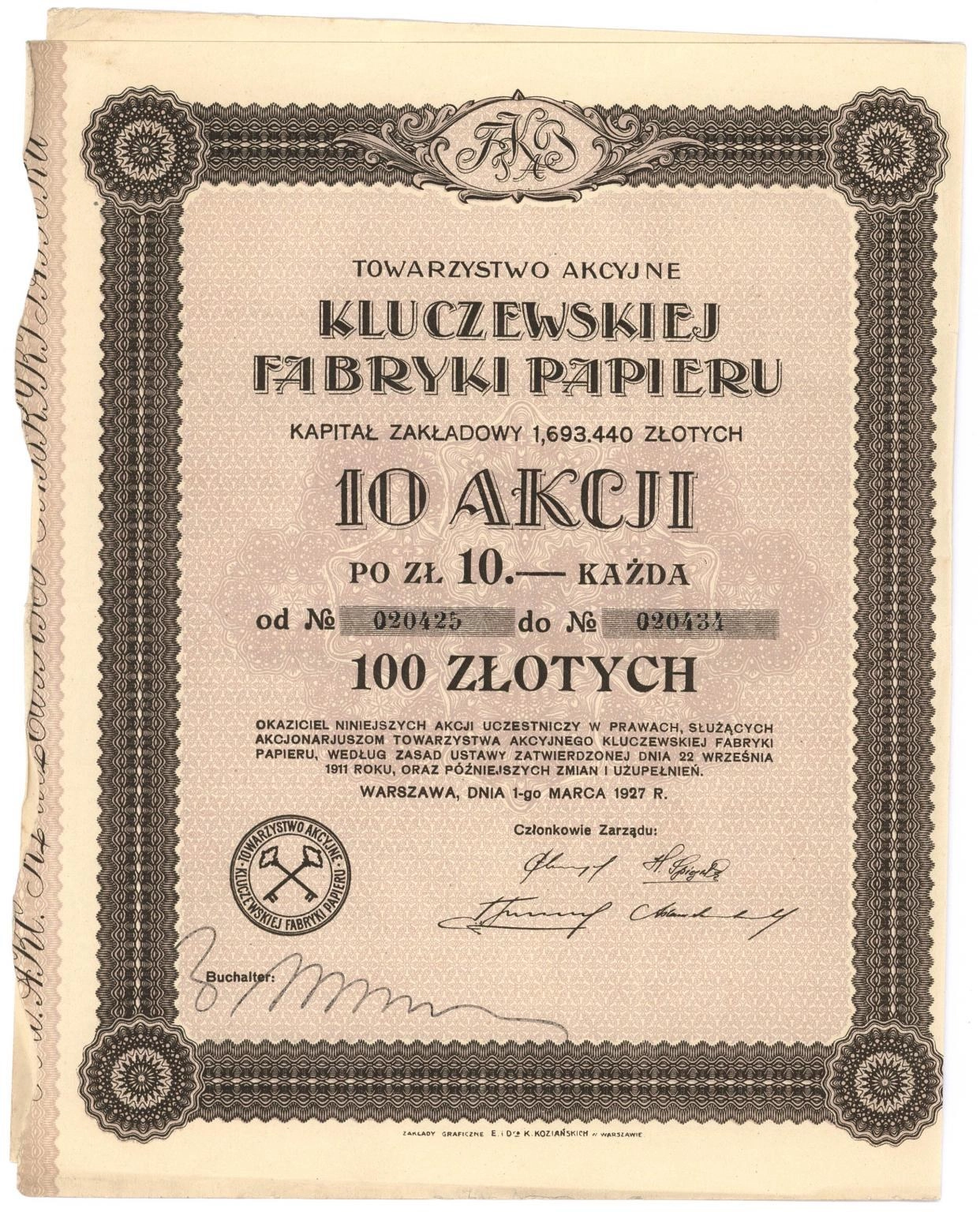 Zdjęcie akcji Towarzystwo Akcyjne Kluczewskiej Fabryki Papieru