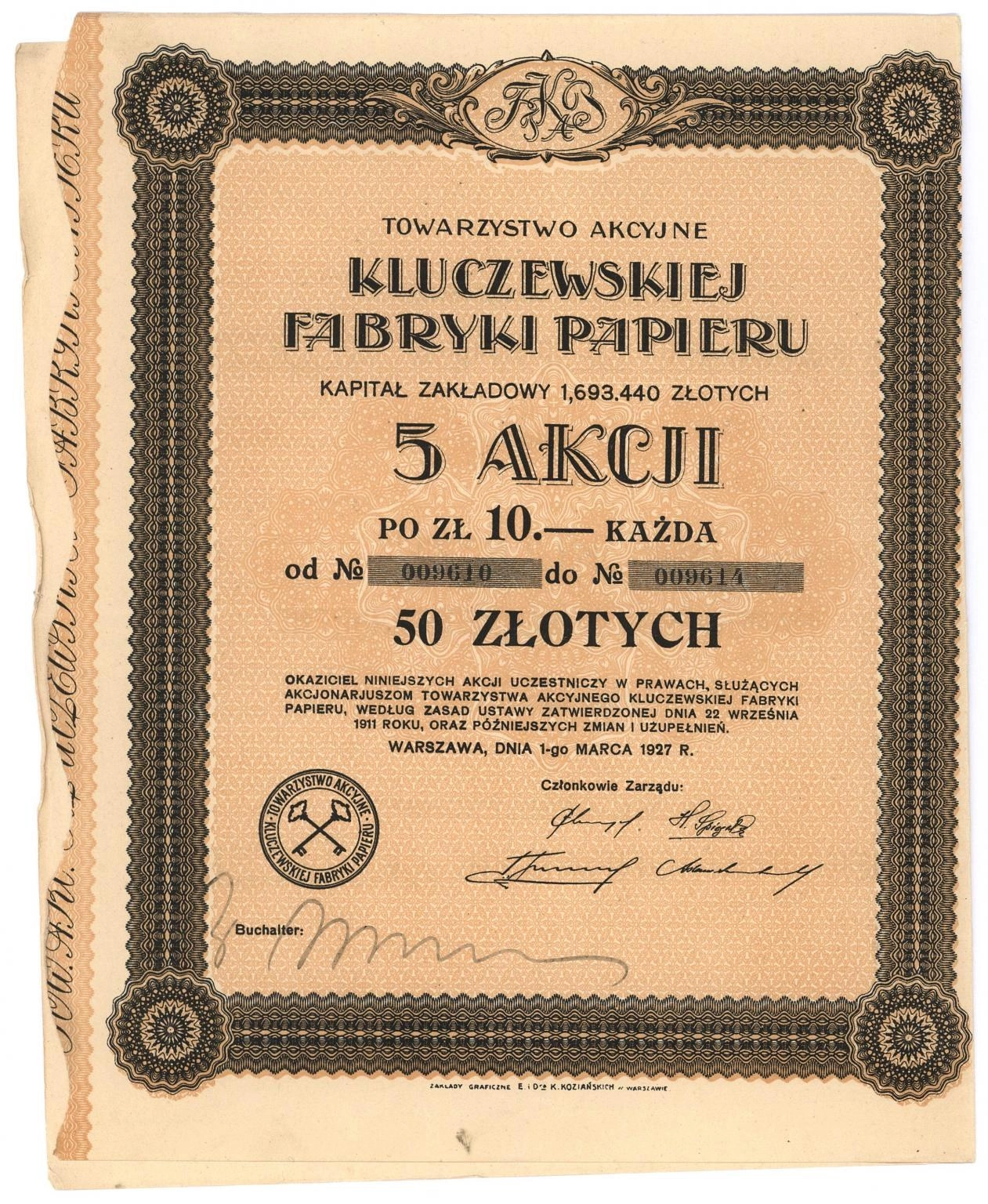 Zdjęcie akcji Towarzystwo Akcyjne Kluczewskiej Fabryki Papieru