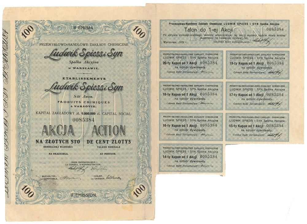 Zdjęcie akcji Przemysłowo-Handlowe Zakłady Chemiczne "Ludwik Spiess i Syn" Spółka Akcyjna