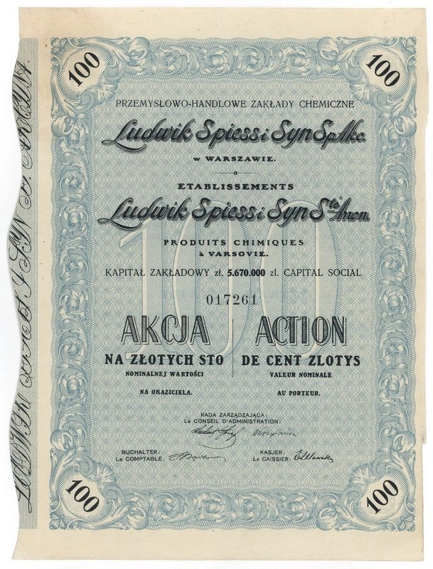 Zdjęcie akcji Przemysłowo-Handlowe Zakłady Chemiczne "Ludwik Spiess i Syn" Spółka Akcyjna