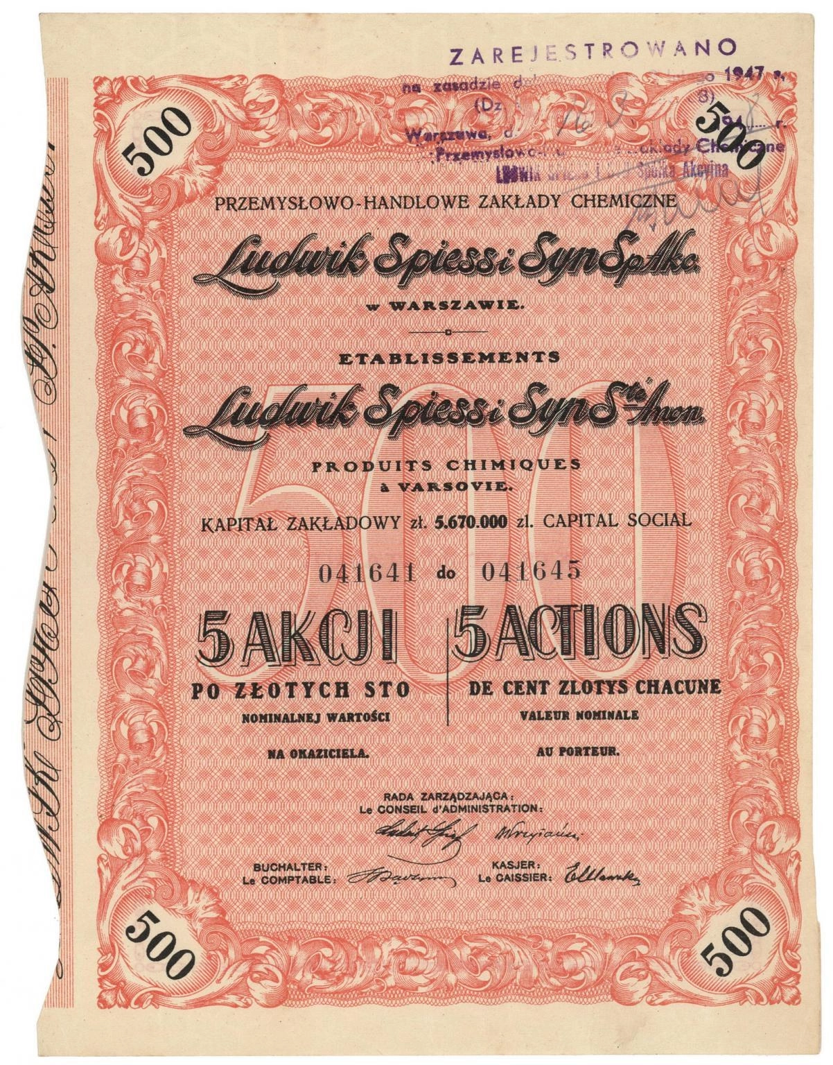 Zdjęcie akcji Przemysłowo-Handlowe Zakłady Chemiczne "Ludwik Spiess i Syn" Spółka Akcyjna