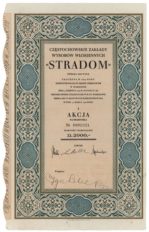 Zdjęcie akcji Częstochowskie Zakłady Wyrobów Włókienniczych "Stradom" Spółka Akcyjna